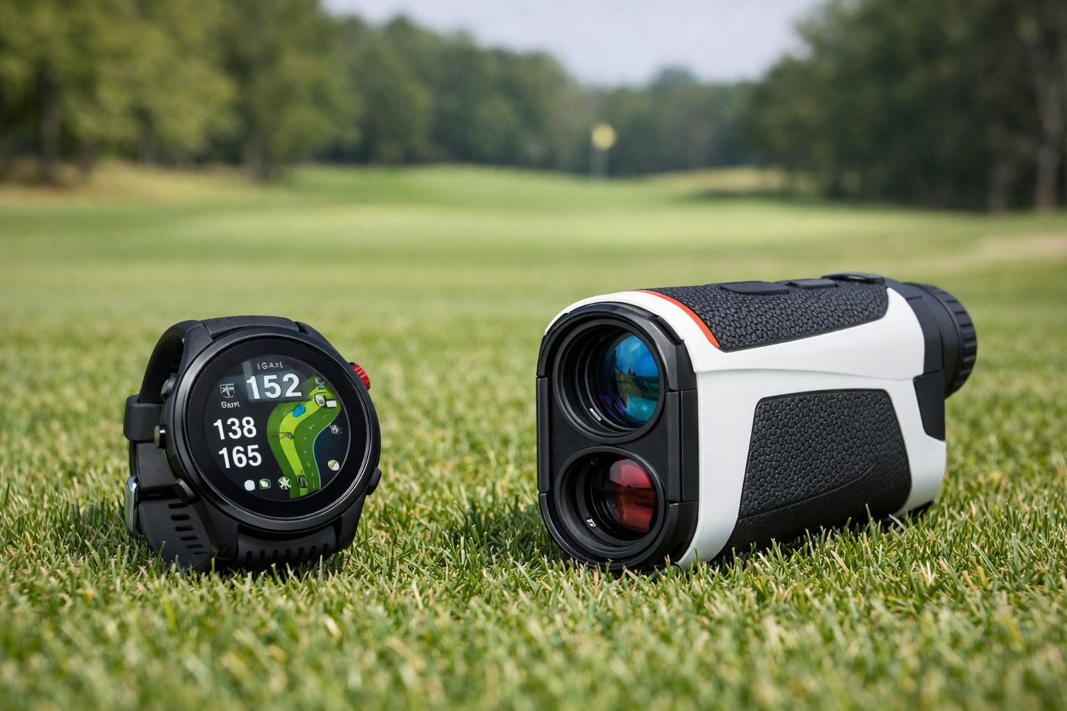 Golf GPS watch showing hole layout and laser rangefinder on green grass